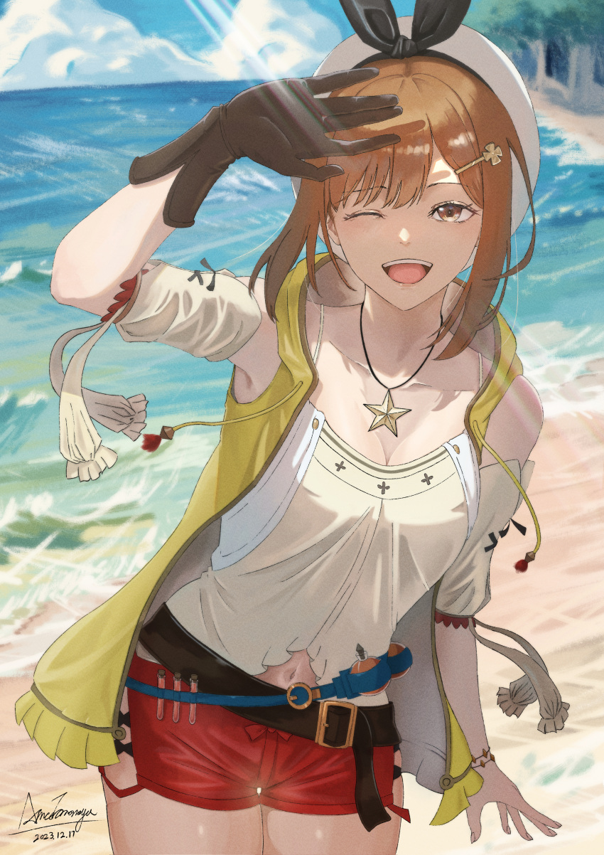 1girl ;d absurdres ame_tomonaga arm_up atelier_(series) atelier_ryza atelier_ryza_1 beach belt belt_buckle beret blue_sky bow bracelet breasts brown_belt brown_gloves brown_hair buckle cloud collarbone commentary_request cowboy_shot dated day detached_sleeves gloves hair_ornament hairclip hat hat_bow highres jacket jewelry leaning_to_the_side looking_at_viewer midriff_peek navel necklace ocean one_eye_closed open_clothes open_jacket outdoors red_shorts reisalin_stout shirt short_hair short_shorts shorts signature single_glove sky sleeveless sleeveless_jacket sleeveless_shirt smile solo star_(symbol) star_necklace sunlight teeth upper_teeth_only vial white_headwear white_shirt white_sleeves yellow_jacket