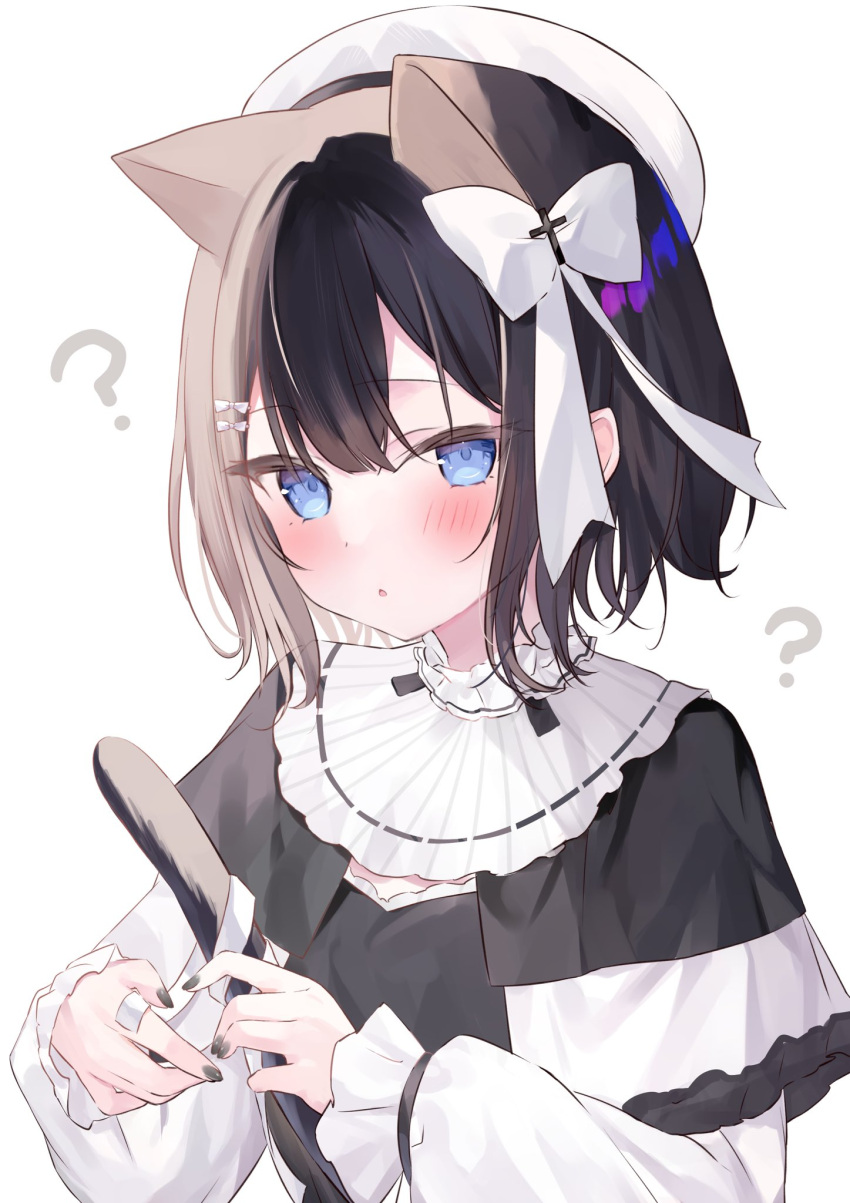 1girl ? animal_ears beret black_hair black_nails blue_eyes blush brown_hair cat_ears cat_girl commission frilled_sleeves frills hakua_aa hat highres indie_virtual_youtuber long_sleeves multicolored_hair nekodo_oyuchi open_mouth short_hair skeb_commission solo split-color_hair white_headwear