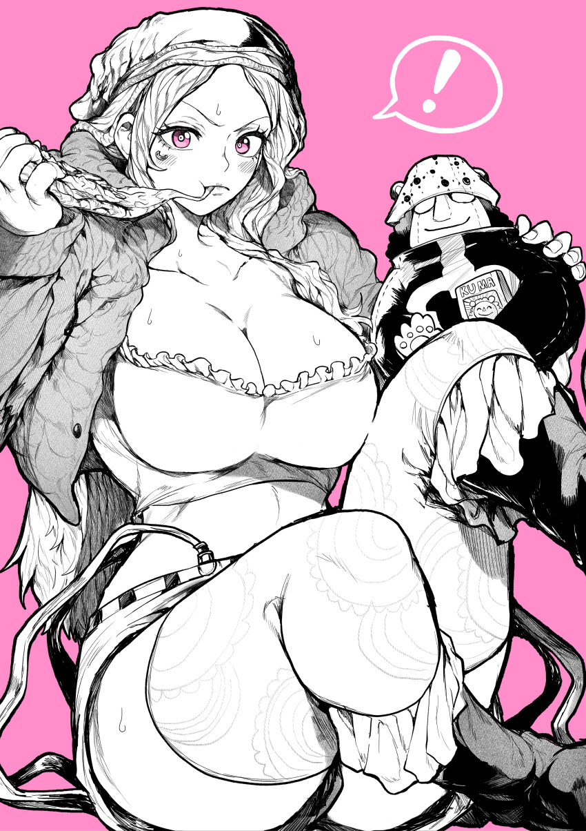 ! 1girl absurdres bartholomew_kuma boots breasts character_doll cleavage closed_mouth collarbone commentary_request eating food greyscale greyscale_with_colored_background hat highres jacket jewelry_bonney large_breasts looking_at_viewer midriff monochrome one_piece open_clothes open_jacket pink_background pink_eyes pizza pizza_slice short_shorts shorts simple_background sitting solo spoken_exclamation_mark sweat thighhighs yotsumi_shiro