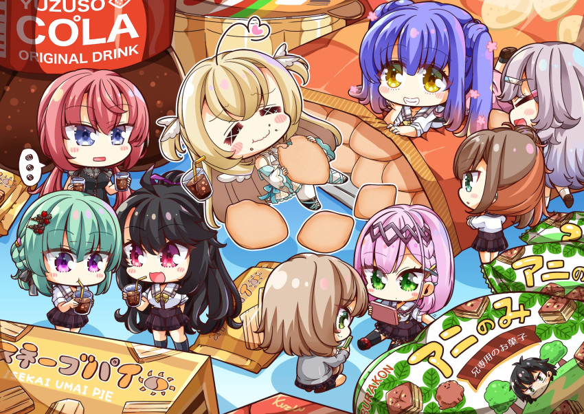 ... 6+girls :d :t =_= ahoge angel_wings black_hair blonde_hair blue_eyes blue_hair blush_stickers bottle brand_name_imitation brown_hair brown_skirt character_print chibi chips_(food) cola commentary_request cup drinking drinking_straw eating everyone eyelashes eyes_visible_through_hair food food_on_face glass green_eyes green_hair grin hair_ornament hairclip handheld_game_console happy heart heart_ahoge highres holding holding_cup holding_handheld_game_console hoshikawa_kaguya kinoshita_kaede kohibari_kurumi long_hair looking_at_another low_twintails lying medium_hair mikuni_sairi multicolored_hair multiple_girls on_back open_mouth orange_hair ozato_fumika pink_hair potato_chips profile purple_eyes red_eyes red_hair school_uniform shiraishi_chika shirayuki_noa shiroimaru shirt short_sleeves sitting skirt smile sparkle spoken_ellipsis standing sweets takadate_orie tanikaze_amane tanikaze_riku tenshi_souzou_re-boot! tsurime twintails two-tone_hair two_side_up wavy_mouth white_shirt wings x_hair_ornament yellow_eyes