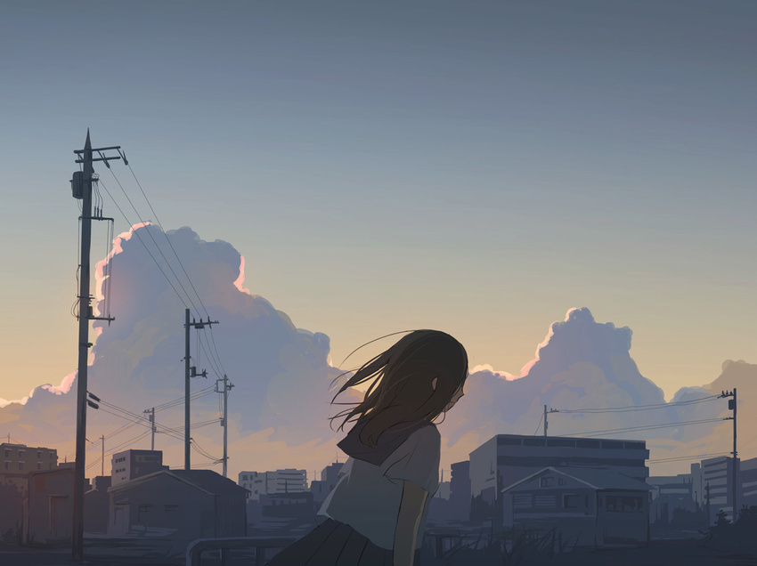 bad_id bad_pixiv_id brown_hair building cityscape cloud day from_side hanno house long_hair original outdoors power_lines railing scenery school_uniform serafuku sky solo sunrise telephone_pole town transformer twilight wind