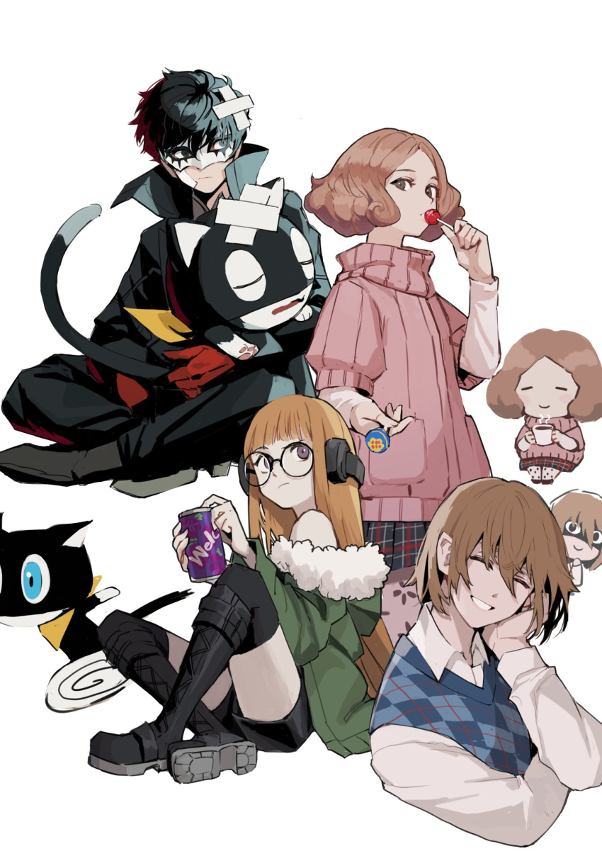 1_kdcrf 2girls 3boys akechi_gorou amamiya_ren argyle bandaid bandaid_on_head behind-the-head_headphones black_footwear black_hair black_jacket black_pants black_shorts black_socks blue_eyes blue_sweater_vest boots brown_hair c: candy cat chibi chibi_inset closed_eyes collared_shirt commentary_request cup floral_print food full_body fur-trimmed_jacket fur_trim glasses gloves green_jacket headphones high_collar highres holding holding_cup holding_food jacket knee_boots kneehighs korean_commentary lollipop long_hair looking_at_viewer mask messy_hair morgana_(persona_5) multiple_boys multiple_girls okumura_haru pants persona persona_5 purple_eyes red_gloves running sakura_futaba scarf shaded_face shirt short_hair shorts simple_background smile socks sweater_vest white_background white_mask white_shirt yellow_scarf