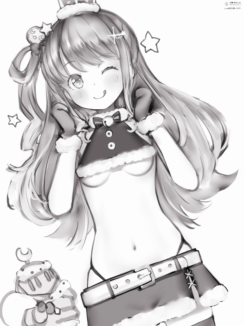 1girl ;q absurdres alternate_costume bell belt breasts crescent crop_top fur-trimmed_gloves fur-trimmed_skirt fur_trim gloves greyscale hair_ornament highres himemori_luna hololive jingle_bell light_blush long_hair looking_at_viewer luknight_(himemori_luna) microskirt monochrome nanashi_(nlo) navel neck_bell one_eye_closed one_side_up panty_straps simple_background skirt small_breasts solo star_(symbol) stomach tongue tongue_out underboob virtual_youtuber