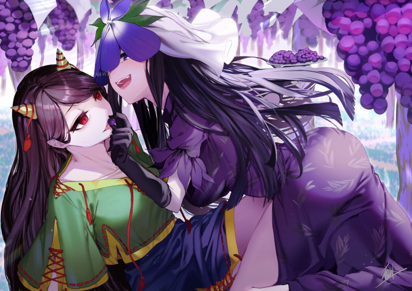 2girls black_gloves black_hair blue_shorts blush breasts china_dress chinese_clothes collarbone commentary_request dress flower flower_on_head food fruit gloves grapes green_shirt highres holding holding_food holding_fruit horns ishikawa_sparerib large_breasts long_hair multiple_girls nippaku_zanmu oni_horns open_mouth purple_dress purple_eyes purple_flower red_eyes shirt short_sleeves shorts signature small_breasts smile touhou twitter_username yellow_horns yomotsu_hisami yuri