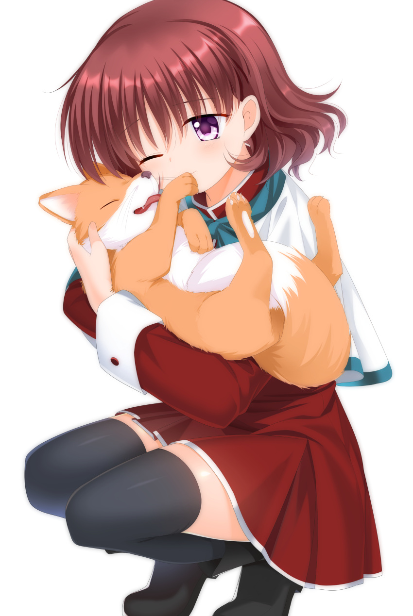 1girl absurdres amano_mishio brown_hair fox highres kanon long_sleeves otou_(otou_san) purple_eyes red_hair ribbon school_uniform short_hair skirt solo thighhighs