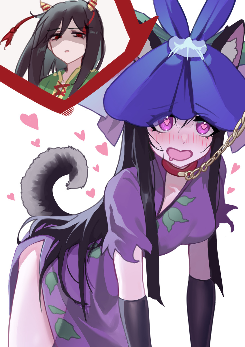 2girls absurdres ailu_elf animal_collar animal_ears black_hair blush chain collar dog_ears dog_tail flower flower_on_head highres horns long_hair multiple_girls nippaku_zanmu oni_horns open_mouth purple_eyes purple_flower red_eyes shaded_face simple_background sketch smile tagme tail touhou white_background yellow_horns yomotsu_hisami