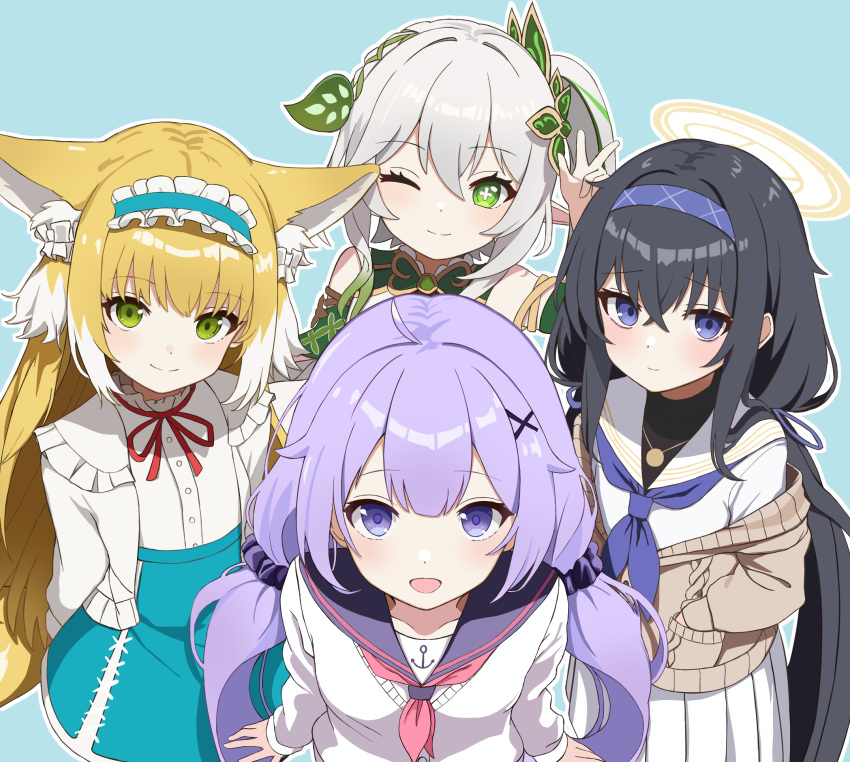 4girls arknights azur_lane black_hair blonde_hair blue_archive blue_background blue_skirt braid brown_cardigan cardigan closed_mouth colored_tips commentary cross-laced_clothes cross-laced_skirt crossed_bangs crossover english_commentary french_braid genshin_impact green_eyes green_hair grey_hair hair_ornament hairband halo hand_in_pocket highres leaf_hair_ornament long_hair long_sleeves low_twintails multicolored_hair multiple_girls myown neckerchief official_alternate_costume one_eye_closed open_mouth outline pink_neckerchief purple_eyes purple_hair purple_hairband purple_neckerchief sailor_collar shirt side_ponytail skirt smile streaked_hair suzuran_(arknights) suzuran_(spring_praise)_(arknights) twintails two-tone_hair ui_(blue_archive) unicorn_(azur_lane) unicorn_(long-awaited_date)_(azur_lane) white_cardigan white_hair white_outline white_sailor_collar white_shirt x_hair_ornament yellow_halo