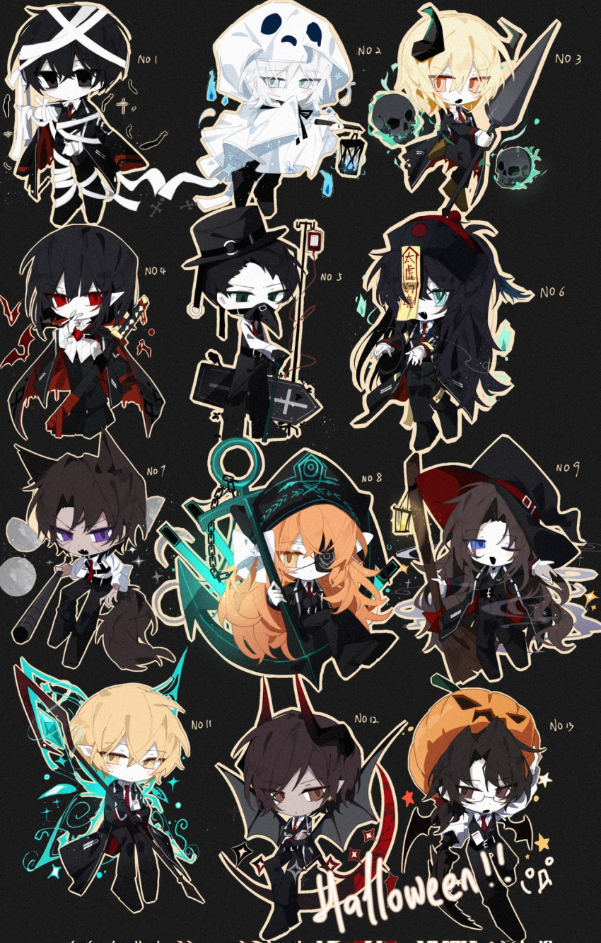 6+boys 6+girls anchor animal_ears aqua_eyes black_background black_coat black_hair black_pants black_vest broom brown_hair chest_harness coat demon_horns demon_wings don_quixote_(project_moon) e.g.o_(project_moon) fairy_wings fangs faust_(project_moon) fluorescent_lamp ghost gregor_(project_moon) harness hat heathcliff_(project_moon) highres holding holding_broom hong_lu_(project_moon) horns ishmael_(project_moon) jiangshi lemonail limbus_company long_hair meursault_(project_moon) military_hat multiple_boys multiple_girls mummy_costume necktie ofuda_on_head open_mouth orange_eyes orange_hair outis_(project_moon) pants plague_doctor_mask pointy_ears project_moon purple_eyes red_eyes red_necktie rodion_(project_moon) ryoshu_(project_moon) shirt short_hair simple_background sinclair_(project_moon) skull tail vampire very_long_hair vest white_shirt wings witch_hat wolf_ears wolf_tail yi_sang_(project_moon)