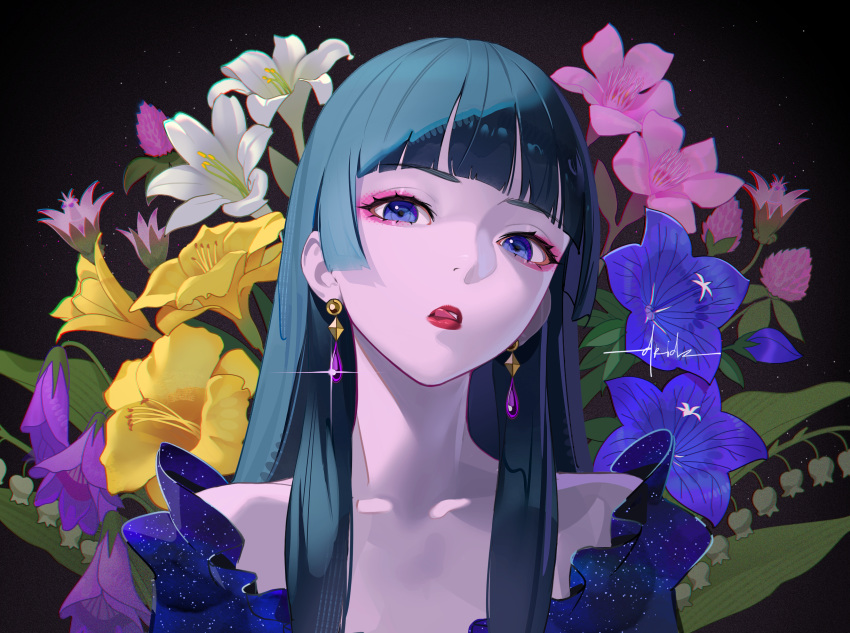 1girl absurdres bare_shoulders black_background blue_eyes blue_flower blunt_bangs blunt_ends close-up commentary drid earrings eyelashes eyeshadow flower glint green_hair head_tilt highres jewelry kusuriya_no_hitorigoto licking_lips lily_(flower) lips lipstick long_hair looking_at_viewer makeup maomao_(kusuriya_no_hitorigoto) nose pink_flower sidelocks signature simple_background solo straight_hair tongue tongue_out white_flower yellow_flower