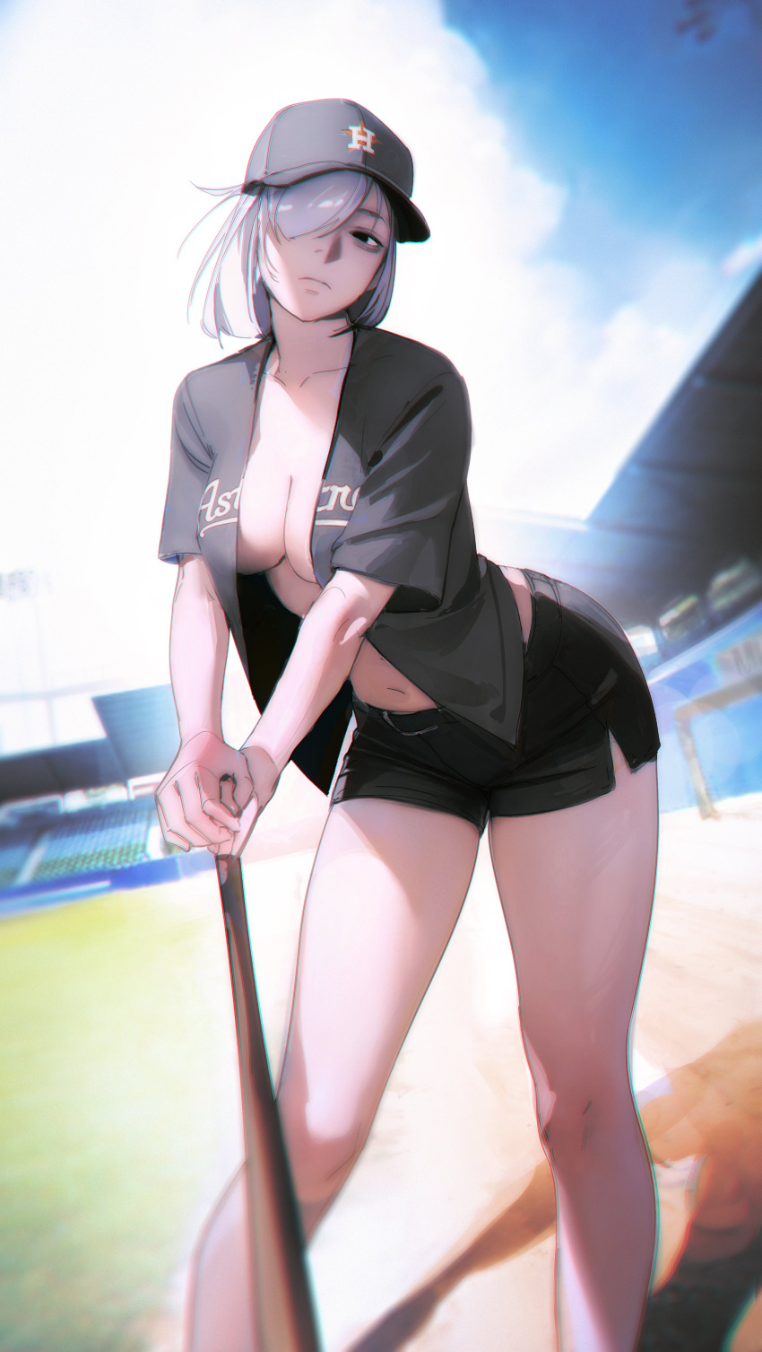 1girl absurdres baseball_bat baseball_cap baseball_jersey baseball_stadium baseball_uniform black_shorts blue_sky blurry breasts cleavage closed_mouth cloud cloudy_sky collarbone depth_of_field expressionless fiona_frost grey_headwear grey_shirt hair_over_one_eye hat highres holding holding_baseball_bat leaning_forward limart medium_breasts navel open_clothes open_shirt outdoors shirt short_hair short_shorts short_sleeves shorts sky solo sportswear spy_x_family standing white_hair