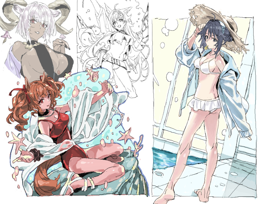 4girls angelina_(arknights) angelina_(summer_flower)_(arknights) animal_ears arknights barefoot belt bikini blue_jacket breasts brown_hair butt_crack carnelian_(arknights) carnelian_(shimmering_dew)_(arknights) choker cleavage dark-skinned_female dark_skin frilled_bikini frills grey_hair hat highres horns infection_monitor_(arknights) jacket jewelry kneeling large_breasts long_hair long_sleeves looking_at_viewer multiple_girls necklace nobita_(makoto7060355) open_clothes open_jacket open_mouth partially_colored pool red_one sandals seashell shell shirt short_hair small_breasts smile standing straw_hat swimsuit swimsuit_cover-up tail torn_clothes torn_shirt twintails water whistle white_bikini