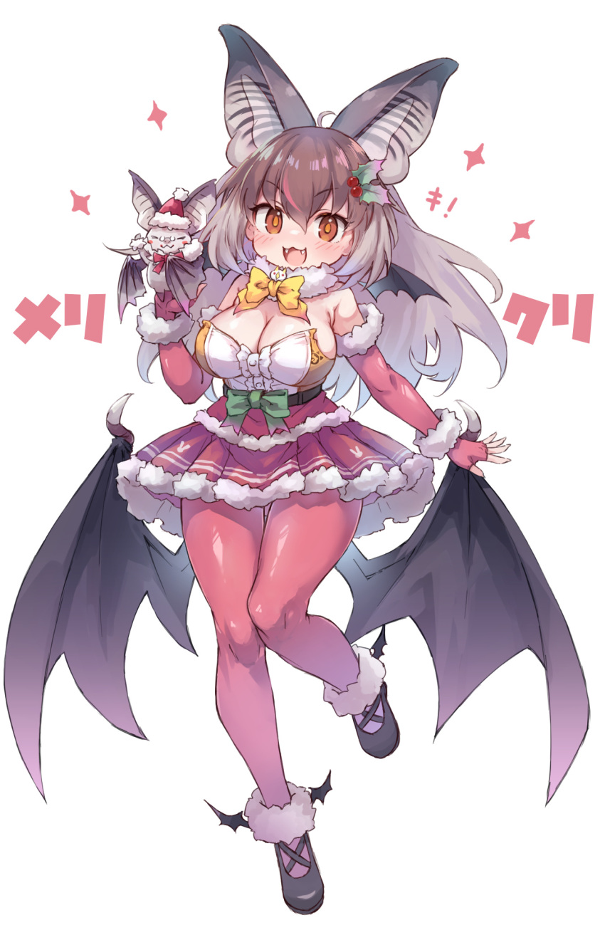 1girl animal animal_ears bat_(animal) bat_ears bat_girl bat_wings brown_eyes brown_hair brown_long-eared_bat_(kemono_friends) christmas elbow_gloves extra_ears fingerless_gloves glasses gloves grey_hair hat highres kemono_friends kemono_friends_v_project kolshica leotard long_hair looking_at_viewer microphone pantyhose poporu_(kemono_friends) ribbon santa_hat shoes simple_background skirt virtual_youtuber wings