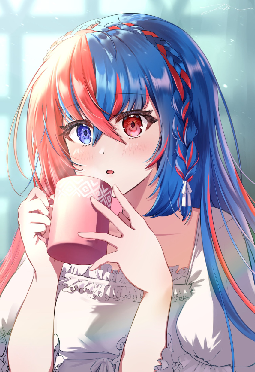 1girl alear_(female)_(fire_emblem) alear_(fire_emblem) blue_eyes blue_hair braid coffee_mug crossed_bangs crown_braid cup emblem_ring fire_emblem fire_emblem_engage heterochromia highres holding holding_cup jin_noumi long_hair mug multicolored_hair official_alternate_hair_color red_eyes red_hair solo split-color_hair tiara two-tone_hair very_long_hair