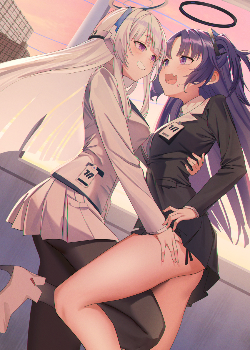 2girls absurdres ass black_pantyhose black_skirt blue_archive blue_necktie blush boots breasts collared_shirt fang grey_hair grin halo high_heel_boots high_heels highres id_card large_breasts long_hair long_sleeves lookhow mechanical_halo medium_breasts multiple_girls necktie noa_(blue_archive) open_mouth outdoors pantyhose pleated_skirt purple_eyes purple_hair shirt skin_fang skirt smile suit two_side_up white_footwear white_shirt white_skirt yuri yuuka_(blue_archive)