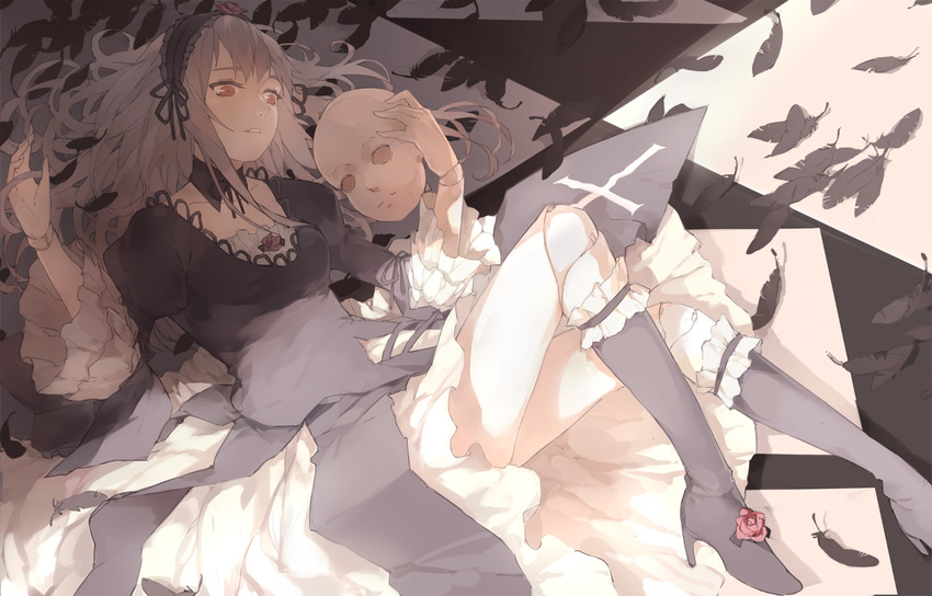 black_dress boots doll_head doll_joints dress feathers gothic_lolita hairband high_heels juliet_sleeves knee_boots layered_dress lolita_fashion lolita_hairband long_hair long_sleeves lying nine_(liuyuhao1992) on_back puffy_sleeves red_eyes rozen_maiden silver_hair solo suigintou tile_floor tiles very_long_hair white_dress