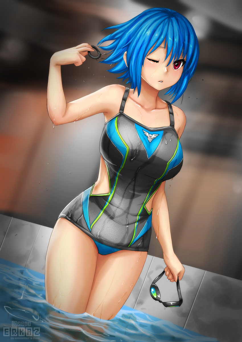blue_hair competition_swimsuit erkaz goggles highres one-piece_swimsuit one_eye_closed original red_eyes rina_atherina short_hair solo swimsuit wading wet