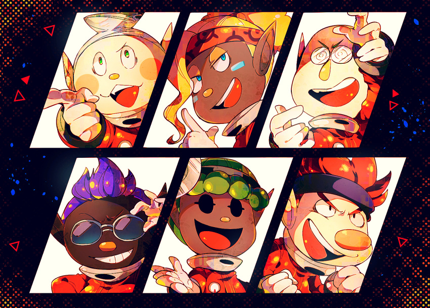 +_+ 1girl 5boys adjusting_eyewear asymmetrical_bangs bald bernard_(pikmin) big_nose black_bow black_eyes black_headband blonde_hair blue_eyes blue_headband blush_stickers bow buttons clenched_hands collin_(pikmin) commentary_request cowlick dark-skinned_female dark-skinned_male dark_skin dingo_(pikmin) fang gloves green_hair grey_hair grin hair_bun half-closed_eyes hand_on_eyewear head_mirror headband jumpsuit laughing long_bangs looking_at_viewer marking_on_cheek multiple_boys no_headwear novelty_glasses open_mouth outstretched_hand petals pikmin_(series) pikmin_4 pointing pointy_ears purple_hair red_hair red_headband red_jumpsuit round_eyewear russ_(pikmin) shepherd_(pikmin) shirushiki short_hair single_hair_bun smile solid_oval_eyes spacesuit spiked_hair teeth thick_eyebrows triangle upper_body upper_teeth_only v-shaped_eyebrows very_dark_skin very_short_hair white_gloves yonny_(pikmin)