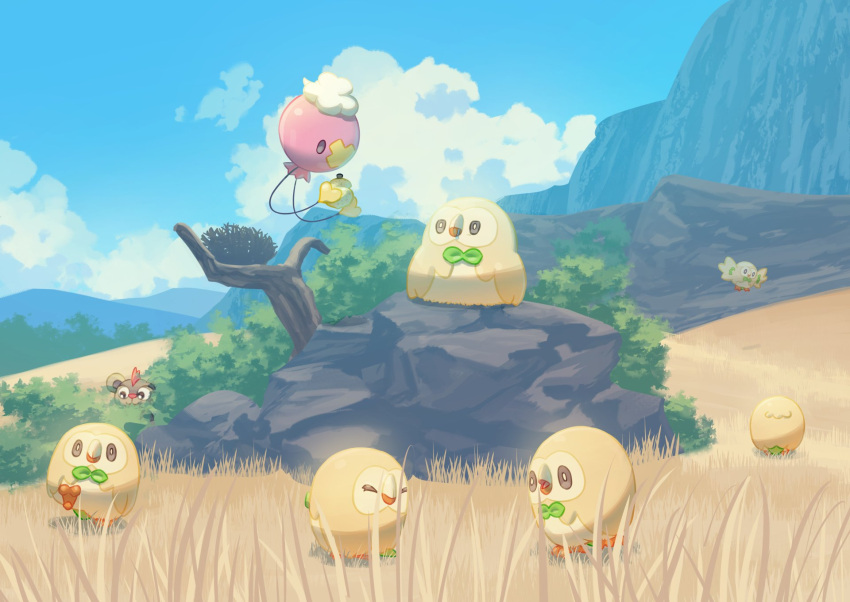 branch bright_pupils brown_eyes bush cloud commentary_request day drifloon highres litleo looking_up mokukitusui nest no_humans outdoors pokemon pokemon_(creature) rock rowlet sky standing walking white_pupils