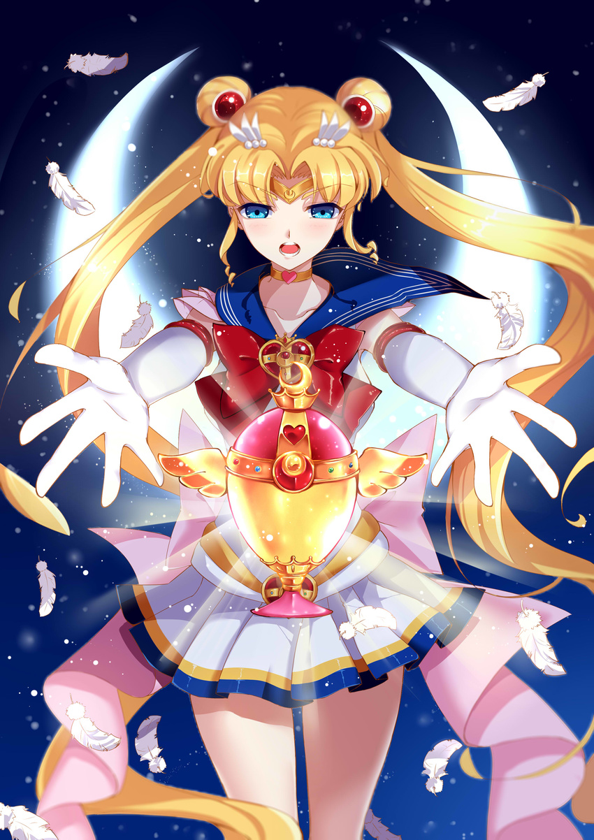 :o absurdres back_bow bishoujo_senshi_sailor_moon blonde_hair blue_eyes blue_sailor_collar bow brooch choker crescent_moon double_bun elbow_gloves feathers gloves hair_ornament hairpin heart heart_choker highres jewelry long_hair magical_girl moon multicolored multicolored_clothes multicolored_skirt outstretched_hand pandako red_bow ribbon sailor_collar sailor_moon sailor_senshi_uniform seihai_(sailor_moon) serious skirt solo super_sailor_moon tsukino_usagi twintails white_gloves