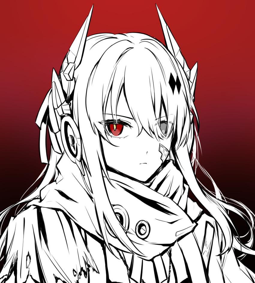 1girl alpha_(punishing:_gray_raven) bandaid bandaid_on_cheek bandaid_on_face closed_mouth grey_eyes hair_between_eyes hair_ornament headgear headphones heterochromia highres huimao_baimao long_hair looking_at_viewer lucia:_crimson_abyss_(punishing:_gray_raven) partially_colored punishing:_gray_raven red_eyes scarf sidelocks solo