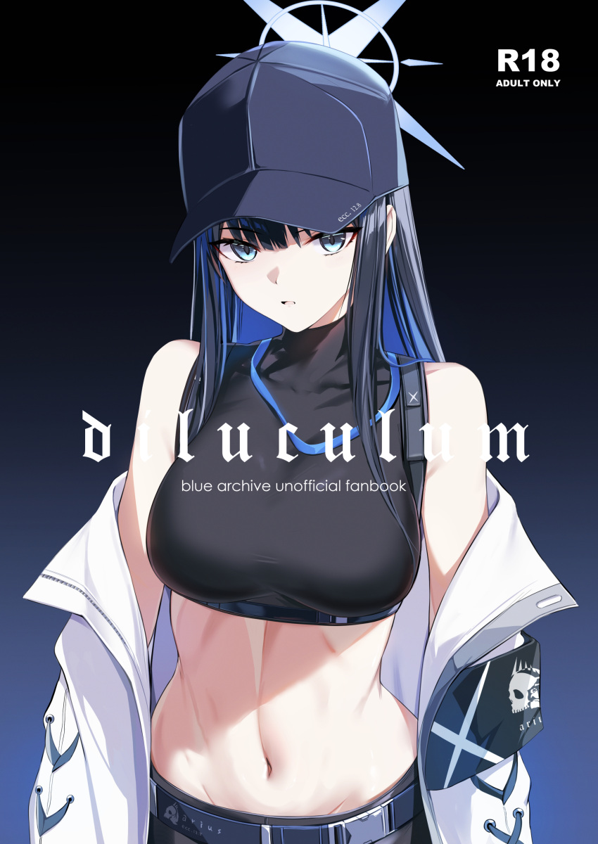 1girl absurdres bare_shoulders baseball_cap bee_doushi black_background black_shirt blue_archive blue_background blue_eyes blue_hair blue_headwear coat commentary_request crop_top gradient_background hat highres long_hair looking_at_viewer midriff navel off_shoulder open_clothes open_coat parted_lips saori_(blue_archive) shirt sleeveless sleeveless_shirt solo stomach upper_body white_coat