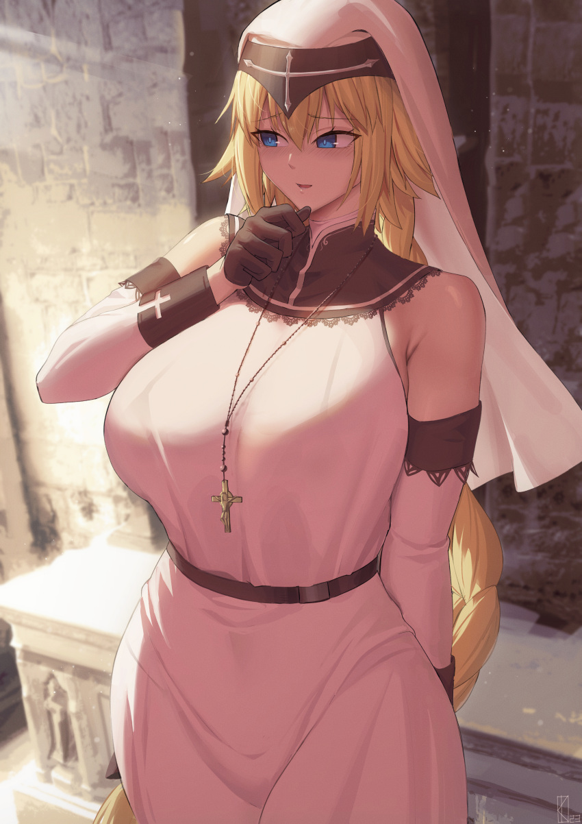 1girl absurdres bare_shoulders black_gloves blonde_hair blue_eyes blush braid braided_ponytail breasts cross cross_necklace detached_sleeves dress fate/apocrypha fate/grand_order fate_(series) gloves habit hair_between_eyes highres jeanne_d'arc_(fate) jeanne_d'arc_(ruler)_(fate) jewelry kakeku large_breasts long_hair looking_to_the_side necklace nun open_mouth smile solo very_long_hair white_dress white_headwear