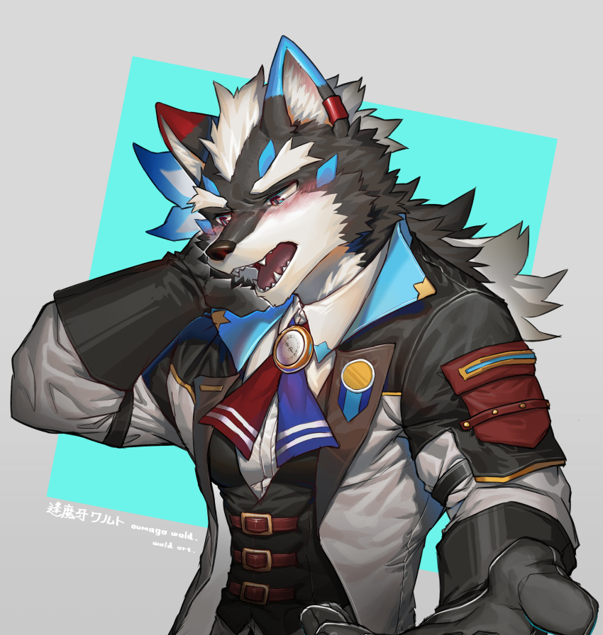 1boy absurdres animal_ears arm_behind_head black_gloves blush character_name commentary_request fangs furry furry_male gloves highres indie_virtual_youtuber looking_down male_focus open_hand open_mouth oumaga_wald outstretched_hand shy translated ty_arashi wolf_boy wolf_ears