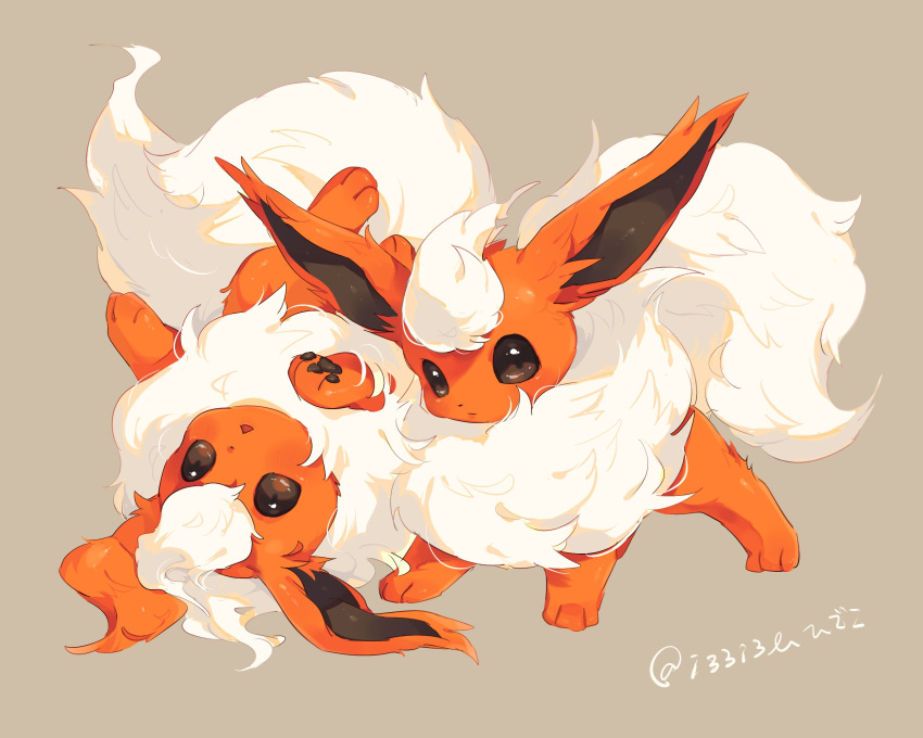 animal_focus brown_background brown_eyes flareon fluffy full_body hideko_(l33l3b) highres looking_at_viewer lying no_humans on_back orange_fur pawpads pokemon pokemon_(creature) simple_background standing twitter_username white_fur