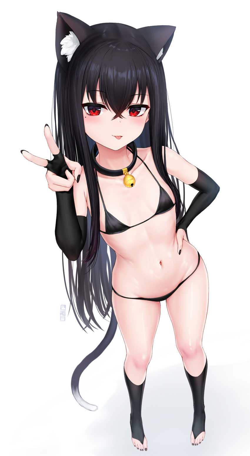 1girl :p animal_ears bell bikini black_bikini black_collar black_gloves black_hair black_nails breasts cat_ears cat_girl cat_tail collar elbow_gloves fingerless_gloves full_body gloves hand_on_own_hip highres jingle_bell long_hair looking_at_viewer navel neck_bell original red_eyes shibanme_tekikumo small_breasts standing stomach swimsuit tail toeless_legwear tongue tongue_out v very_long_hair xingye