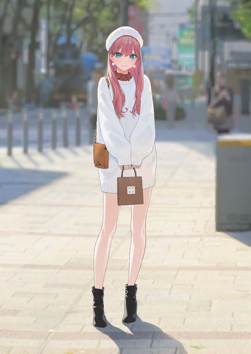 1girl 1other absurdres bag black_footwear blue_eyes blurry blurry_background brick_floor brown_bag casual closed_mouth commentary_request crosswalk handbag hara_kenshi highres holding holding_bag kuroba_mitsuha light_blush light_smile long_hair long_sleeves looking_at_viewer original outdoors pink_hair plaid plaid_shirt puffy_long_sleeves puffy_sleeves red_shirt shirt shopping_bag shoulder_bag solo solo_focus standing sweater v_arms white_headwear white_sweater