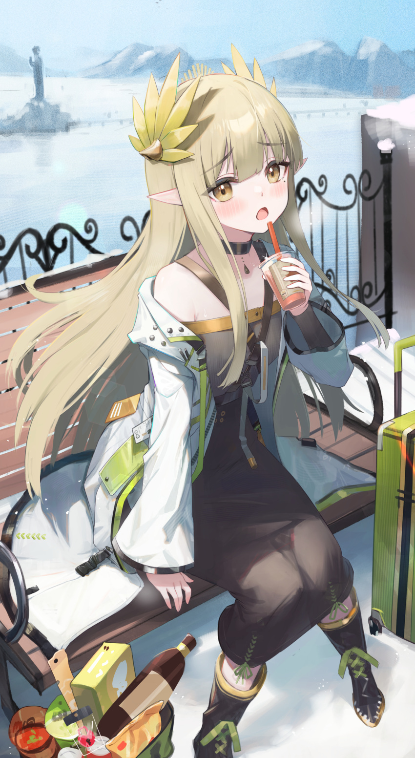 1girl absurdres arknights black_choker blonde_hair blush boots choker drink eyebrows_hidden_by_hair highres holding holding_drink jacket long_hair long_sleeves looking_at_viewer muelsyse_(arknights) open_mouth pointy_ears sitting snow suitcase winter yellow_eyes zayur