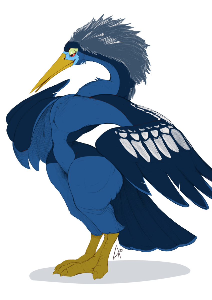 anthro avian beak bird blue_body blue_feathers curvy_figure draconder eyeshadow feathers feet head_tuft hi_res hourglass_figure long_beak makeup male red_eyes simple_background solo talons toes tuft white_background winged_arms wings