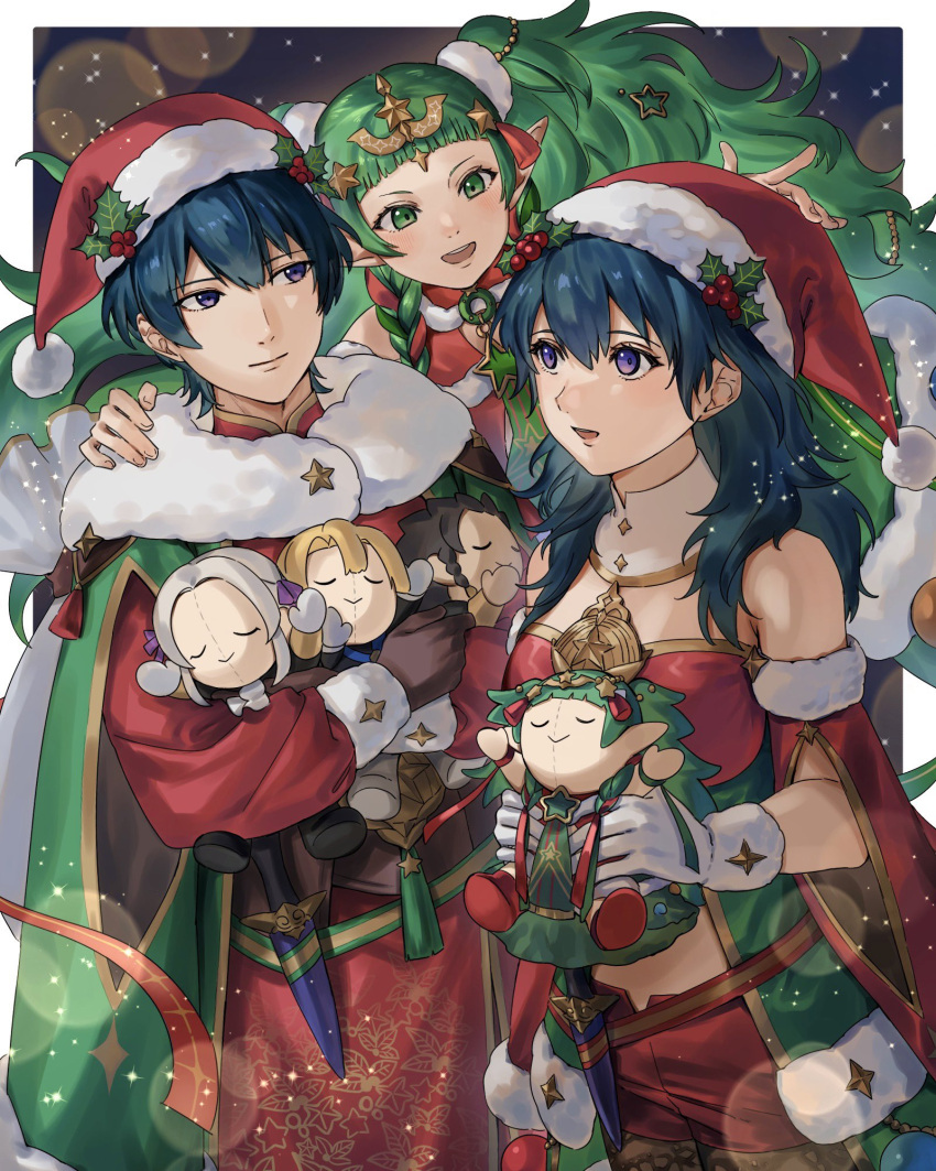 1boy 2girls abinosu0903 bare_shoulders blue_hair blunt_bangs brown_gloves brown_pantyhose byleth_(female)_(fire_emblem) byleth_(female)_(frosty_professor)_(fire_emblem) byleth_(fire_emblem) byleth_(male)_(fire_emblem) byleth_(male)_(frosty_professor)_(fire_emblem) character_doll claude_von_riegan closed_mouth commentary detached_collar detached_sleeves dimitri_alexandre_blaiddyd doll edelgard_von_hresvelg fire_emblem fire_emblem:_three_houses fire_emblem_heroes floating_hair fur-trimmed_gloves fur-trimmed_headwear fur-trimmed_sleeves fur_trim gloves green_eyes green_hair hair_between_eyes hair_ornament hand_on_another's_shoulder hat highres holding holding_doll long_hair long_sleeves looking_at_another multiple_girls official_alternate_costume open_mouth pantyhose pointy_ears purple_eyes red_headwear sack santa_costume santa_hat short_hair smile sothis_(fire_emblem) sothis_(winter)_(fire_emblem) symbol-only_commentary twintails very_long_hair white_gloves