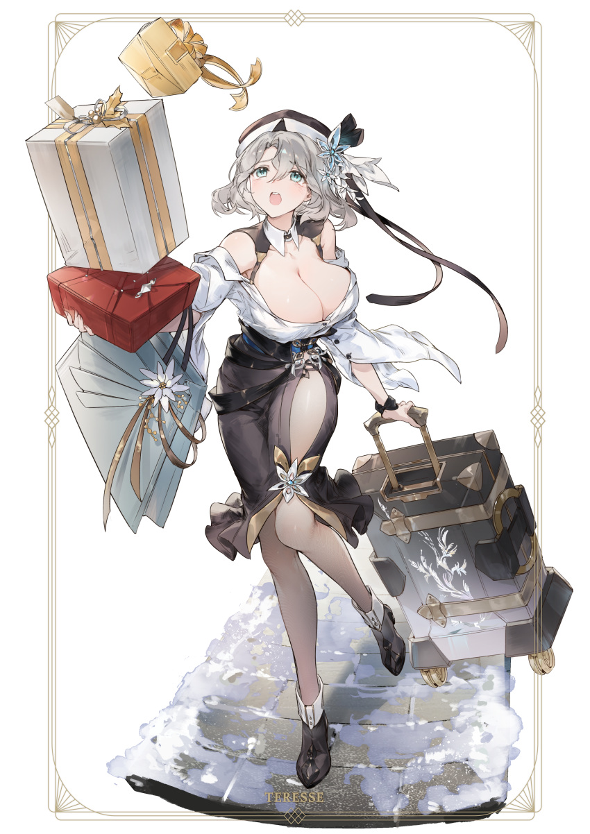 absurdres bare_shoulders box brown_dust_2 center_opening chap_sal_! cobblestone dress flower flower_ornament gift gift_box hair_flower hair_ornament highres holding holding_gift leggings panicking scrunchie short_hair snow teresse_(brown_dust) wrist_scrunchie