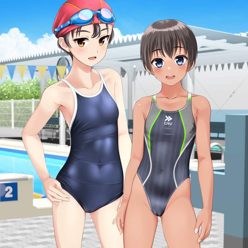 2girls absurdres bench black_hair blue_eyes blue_one-piece_swimsuit blue_sky brown_eyes cameltoe cloud collarbone commentary_request competition_school_swimsuit competition_swimsuit covered_navel day feet_out_of_frame flat_chest goggles goggles_on_head grey_one-piece_swimsuit hand_on_own_hip highres lane_line long_hair multicolored_clothes multicolored_swimsuit multiple_girls one-piece_swimsuit open_mouth original outdoors pool pool_ladder poolside red_headwear round_teeth school_swimsuit short_hair sky smile standing starting_block string_of_flags striped striped_one-piece_swimsuit swim_cap swimsuit takafumi tan teeth tomboy upper_teeth_only variant_set vertical-striped_one-piece_swimsuit vertical_stripes