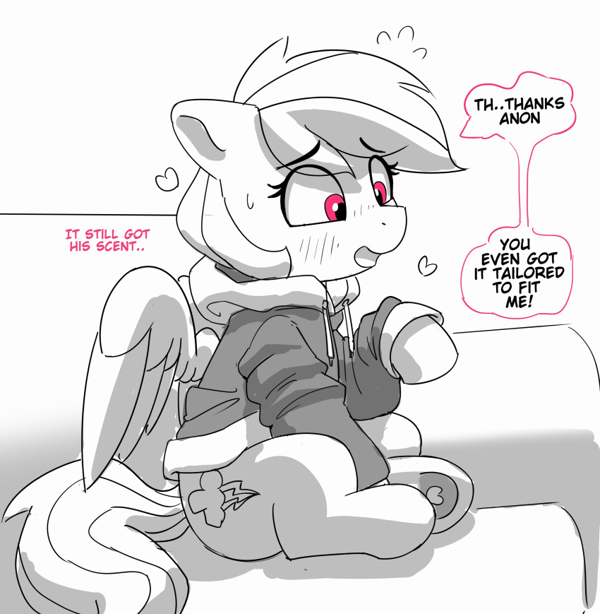 &lt;3 absurd_res blush clothed clothing cutie_mark dialogue english_text equid equine eyebrow_through_hair eyebrows female feral friendship_is_magic hair hasbro hi_res hoodie hooves mammal monochrome my_little_pony open_mouth pabbley pegasus purple_eyes rainbow_dash_(mlp) sitting solo speech_bubble spot_color tail text topwear translucent translucent_hair wings