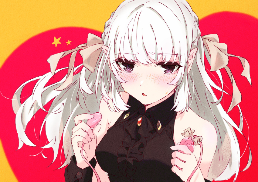 1girl absurdres bare_shoulders black_dress blush breasts brooch center_frills collared_dress commentary_request dress egg_vibrator frills grey_hair hair_ribbon heart highres holding jewelry long_hair looking_at_viewer medium_breasts original parted_lips pointy_ears purple_eyes ribbon ringed_eyes sakenomi_akane sex_toy sleeveless sleeveless_dress solo sweatdrop vibrator wrist_cuffs