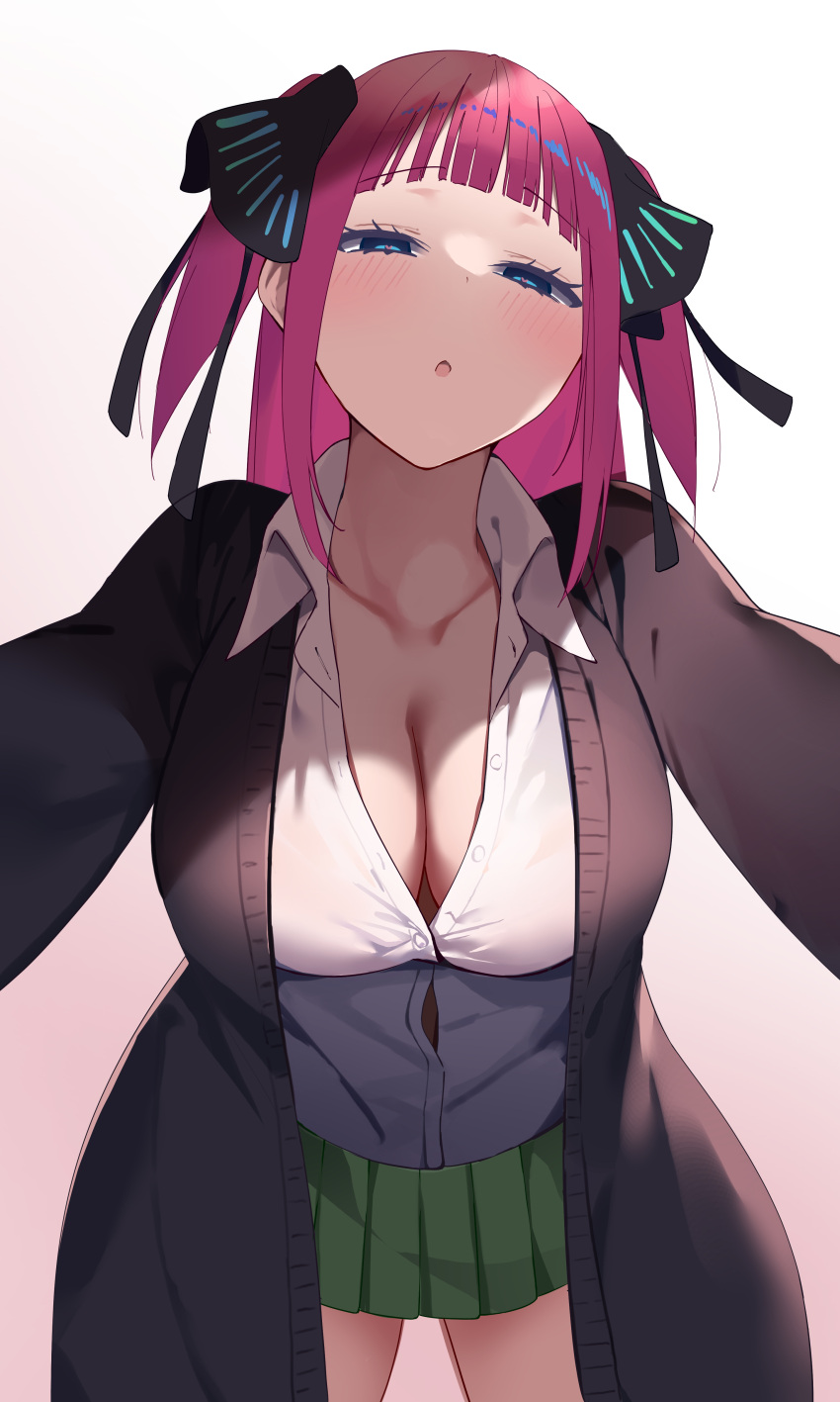 1girl absurdres black_cardigan black_ribbon blue_eyes blunt_bangs breasts butterfly_hair_ornament button_gap cardigan cleavage collarbone collared_shirt commentary go-toubun_no_hanayome gradient_background green_skirt hair_ornament hair_ribbon half-closed_eyes highres hometere large_breasts leaning_forward looking_at_viewer medium_hair nakano_nino open_cardigan open_clothes open_mouth partially_unbuttoned pink_hair pleated_skirt ribbon school_uniform shirt sidelocks skirt solo white_shirt
