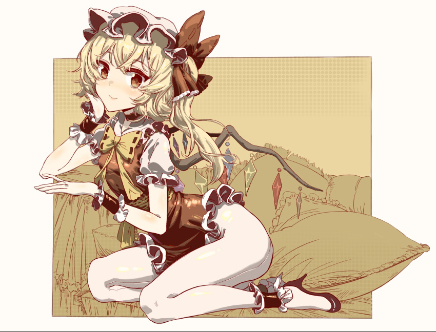 1girl adapted_costume blonde_hair border bow bowtie breasts brown_background chinese_commentary closed_mouth commentary flandre_scarlet frilled_pillow frilled_shirt_collar frilled_skirt frilled_sleeves frills from_side full_body hair_bow hand_on_own_cheek hand_on_own_face hat high_heels highres light_smile limited_palette long_hair looking_at_viewer looking_to_the_side mob_cap multicolored_wings one_side_up pantyhose pillow puffy_short_sleeves puffy_sleeves red_bow red_skirt red_vest shirt short_sleeves skirt small_breasts solo touhou vest white_border white_headwear white_pantyhose white_shirt wings wrist_cuffs xinjinjumin yellow_bow yellow_bowtie