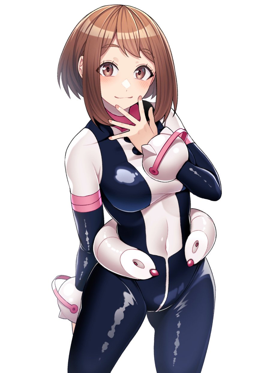 1girl bodysuit boku_no_hero_academia breasts brown_eyes brown_hair closed_mouth commentary_request covered_navel fingernails highres kobaji looking_at_viewer medium_breasts short_hair simple_background smile solo standing uraraka_ochako white_background