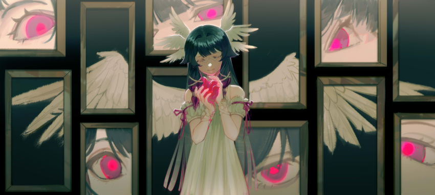 1girl absurdres arm_cuffs astruma2 black_bow blood blunt_ends bow close-up closed_eyes columbina_(genshin_impact) commentary dress empty_eyes english_commentary eye_mask feathered_wings flipped_hair genshin_impact green_eyes hair_ornament head_wings heart highres holding holding_heart looking_at_viewer picture_frame pink_eyes simple_background solo upper_body white_dress white_mask white_wings wings x_hair_ornament