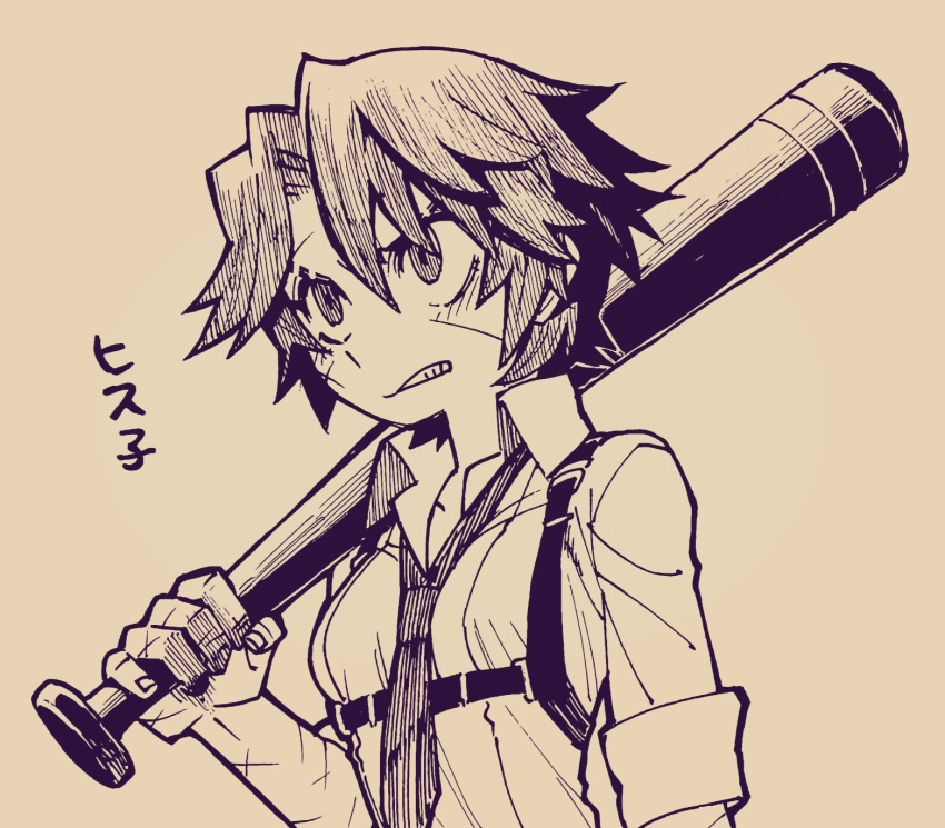 1girl baseball_bat breasts chest_harness collared_shirt genderswap genderswap_(mtf) harness heathcliff_(project_moon) highres holding holding_baseball_bat limbus_company monochrome necktie project_moon purple_theme shirt simple_background small_breasts solo touma_rui upper_body