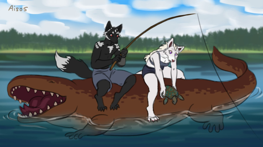 ais05 amphibian anthro black_body black_fur canid canine canis clothing facial_markings facial_tuft female feral fishing_rod fox fur group head_markings hi_res lake male mammal markings polaris_(mousguy) purple_eyes red_eyes reptile salamander scalie swimming_trunks swimwear turtle white_body white_fur wolf ylva