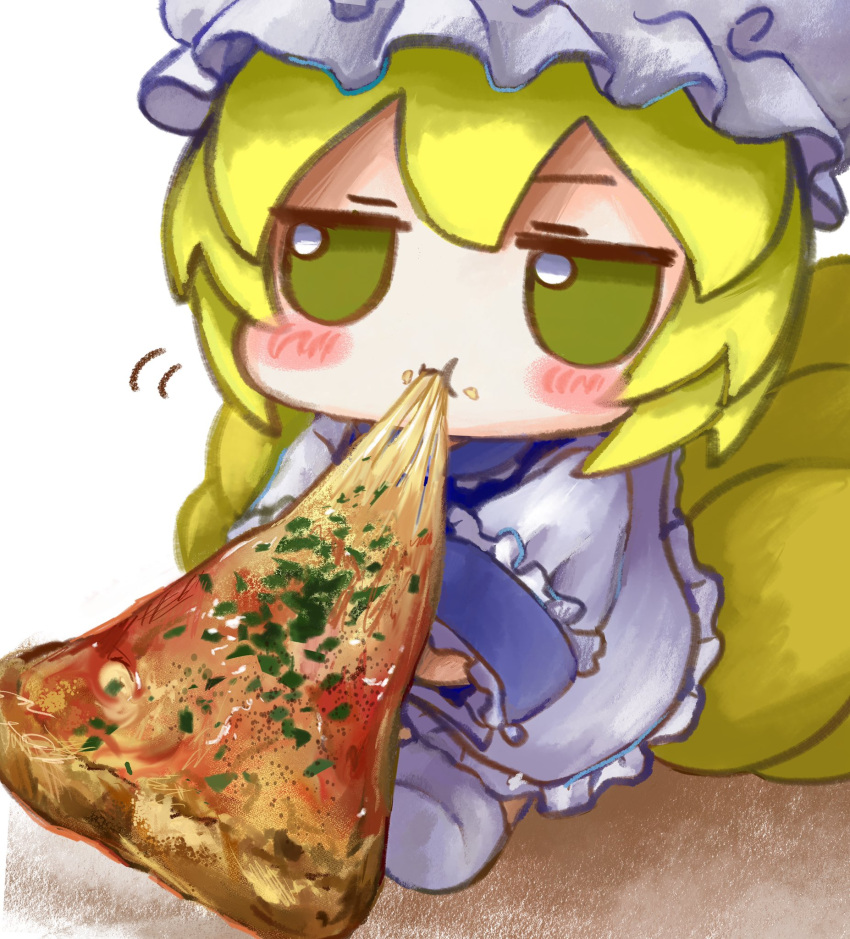 1girl blonde_hair blush chibi commentary crumbs dress eating food food_in_mouth fox_tail frilled_dress frilled_hat frills fumo_(doll) hat highres holding holding_food holding_pizza jitome long_sleeves multiple_tails pizza pizza_slice short_hair sitting socks solo symbol-only_commentary tail touhou white_background white_dress white_headwear white_socks yakumo_ran yakumora_n yellow_eyes