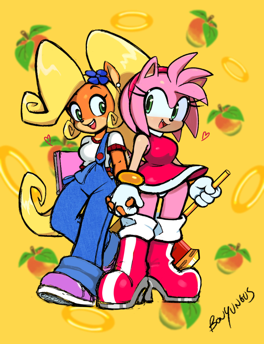 absurd_res accessory activision amy_rose anthro blonde_hair bonyungus boots breasts clothing coco_bandicoot computer crash_bandicoot_(series) crossover duo electronics eulipotyphlan female flower flower_in_hair footwear gloves green_eyes hair hair_accessory hairband hammer hand_holding handwear hedgehog hi_res laptop long_hair mammal marsupial open_mouth open_smile overalls piko_piko_hammer pink_hair plant sega shoes signature smile sonic_the_hedgehog_(series) tools