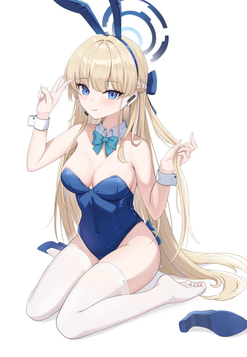 1girl ;q absurdres animal_ears blonde_hair blue_archive blue_eyes blue_leotard bow bowtie breasts detached_collar fake_animal_ears halo highleg highleg_leotard highres karsa leotard long_hair looking_at_viewer medium_breasts official_alternate_costume one_eye_closed playboy_bunny rabbit_ears sitting solo strapless thighhighs thighs toki_(blue_archive) toki_(bunny)_(blue_archive) tongue tongue_out v wariza white_background white_thighhighs wrist_cuffs