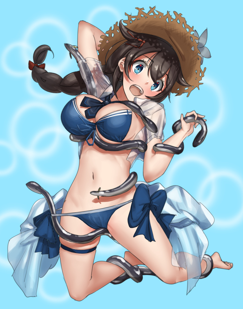 1girl absurdres ahoge bikini black_hair black_neckerchief blue_background blue_bikini blue_eyes braid brown_headwear eel hair_flaps hat highres kantai_collection meru-chan neckerchief official_alternate_costume shigure_(kancolle) shigure_kai_san_(kancolle) shirt side-tie_bikini_bottom single_braid solo straw_hat swimsuit white_shirt