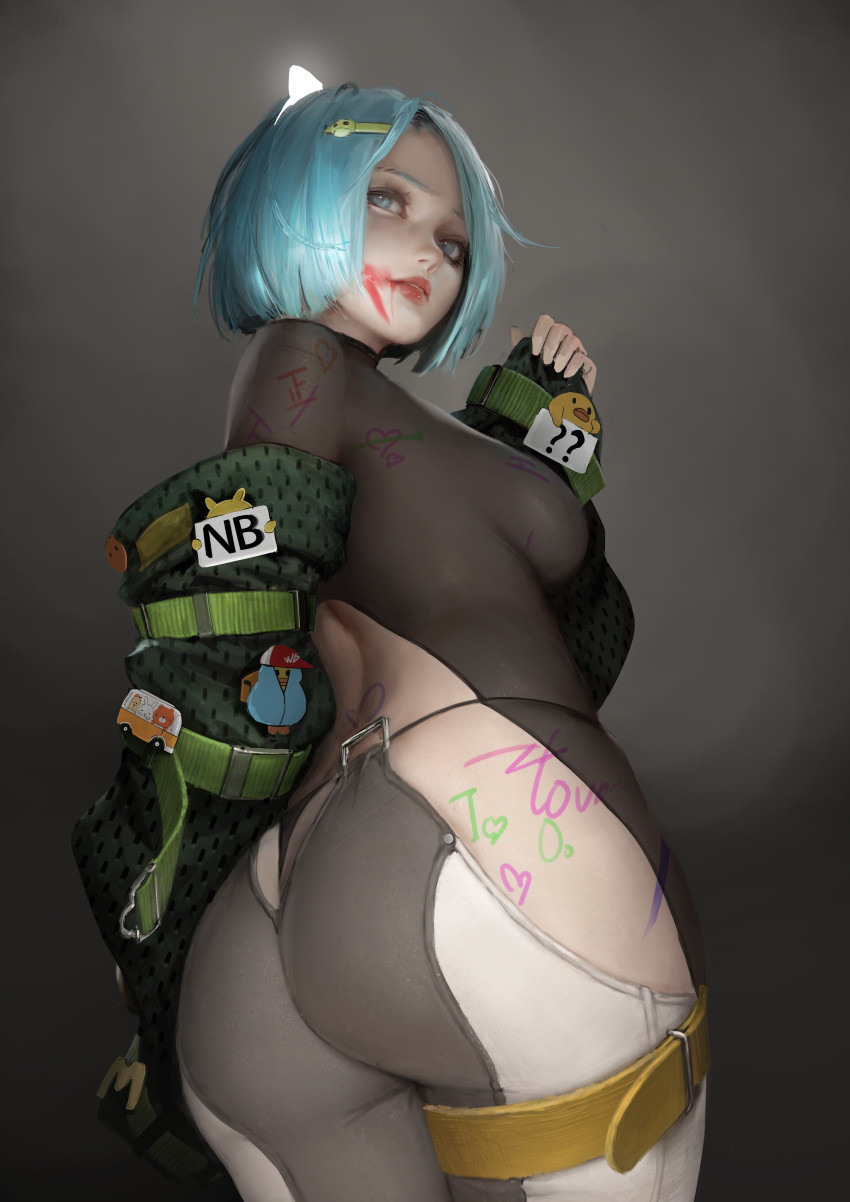 1girl absurdres accessories ass blue_eyes blue_hair body_writing bodystocking breasts green_jacket hair_ornament hairclip heart highres jacket lipstick looking_back makeup medium_breasts off_shoulder original short_hair smeared_lipstick tally weber