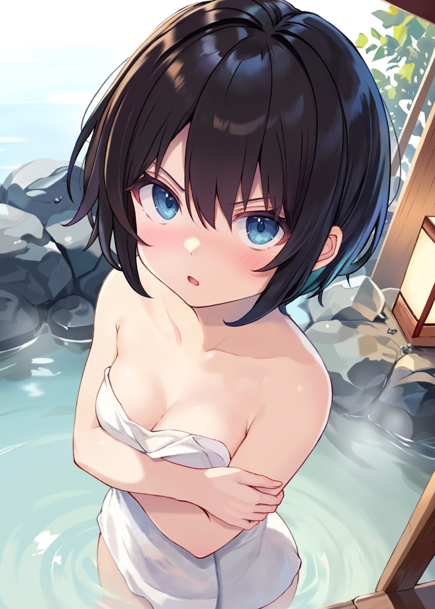 1girl bare_shoulders black_hair blue_eyes blush breasts cleavage collarbone crossed_arms from_above highres looking_up naked_towel onsen open_mouth original short_hair small_breasts solo towel v-shaped_eyebrows wading water yuna_rebun