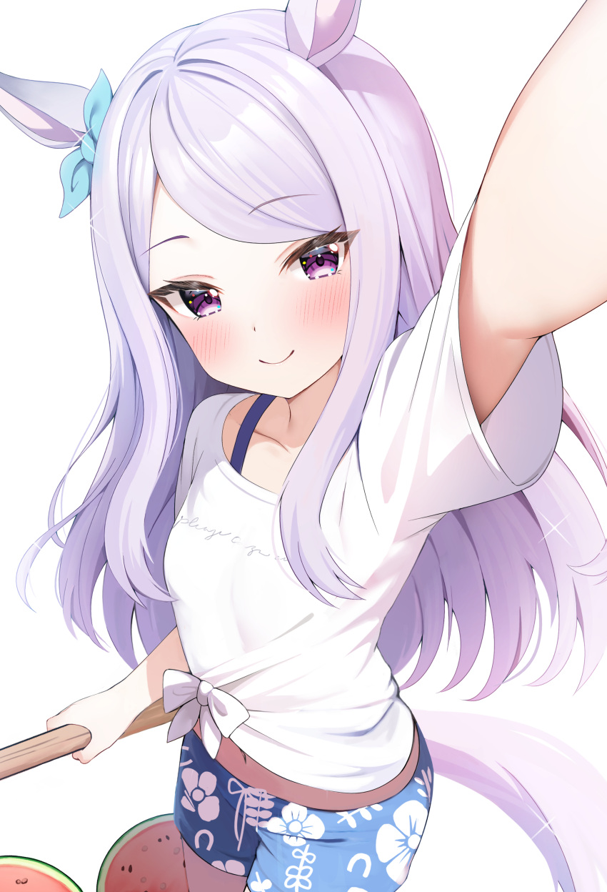 1girl absurdres alternate_costume arm_up blush breasts closed_mouth collarbone food fruit gaze_on_me!_outfit_(umamusume) highres horse_girl long_hair looking_at_viewer mejiro_mcqueen_(umamusume) navel purple_eyes purple_hair rei_(ilust9999) shorts simple_background small_breasts smile solo umamusume watermelon white_background